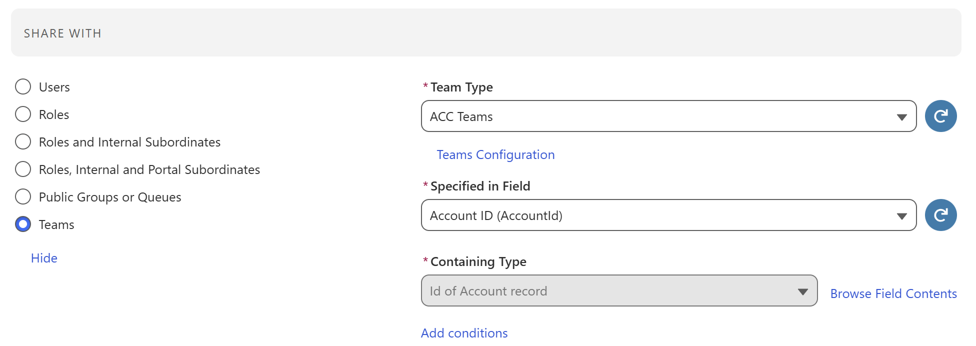 Screenshot showing team sharing setup
