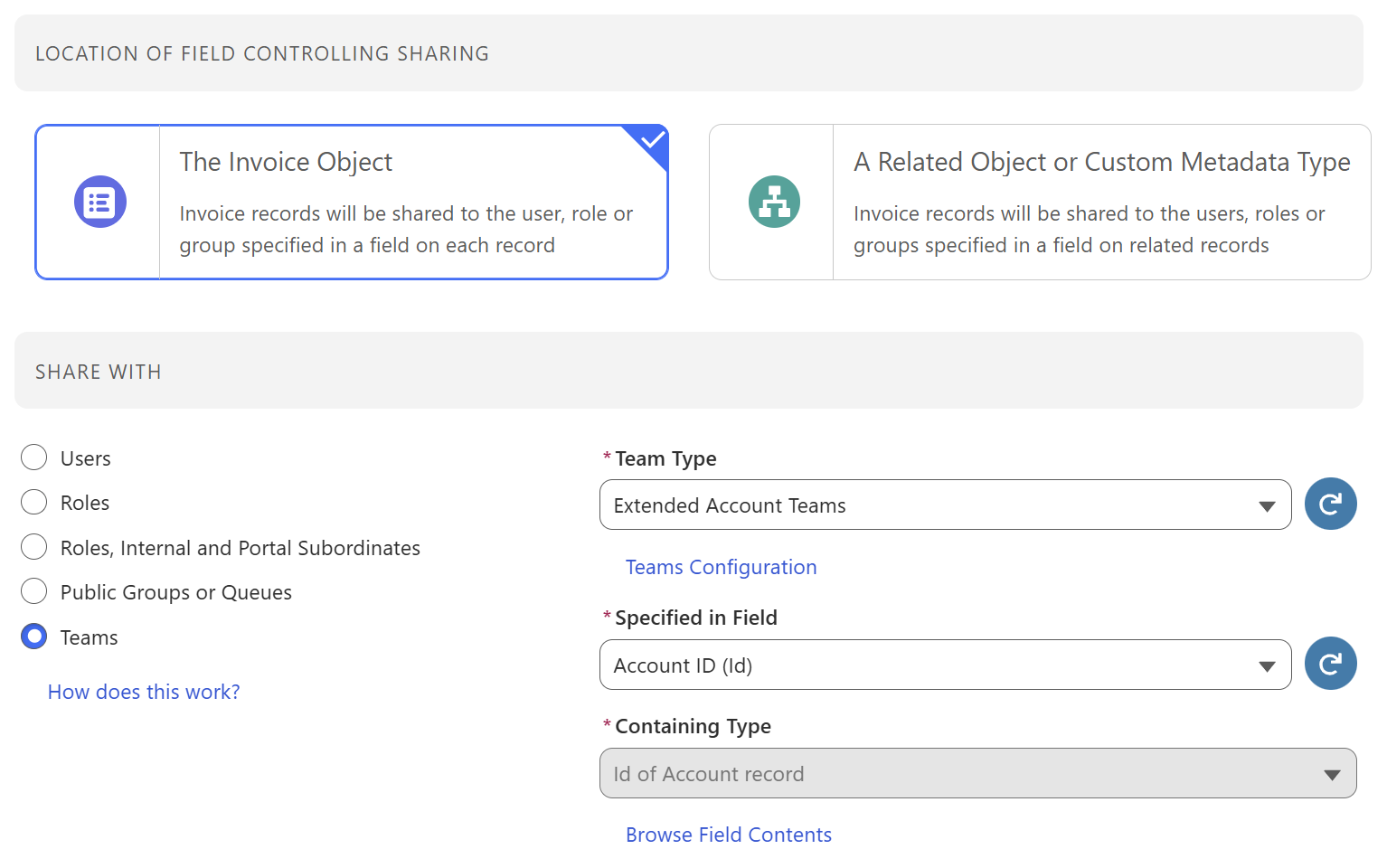 Teams rule configuration – Team Type, Specified in Field, and Containing Type