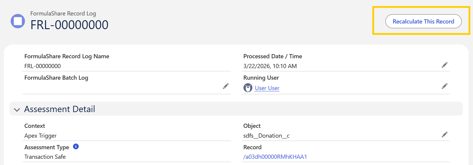 Recalculate This Record quick action on a Record Log