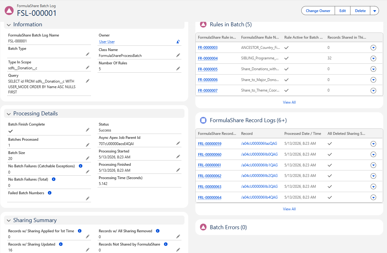 Batch logs record page