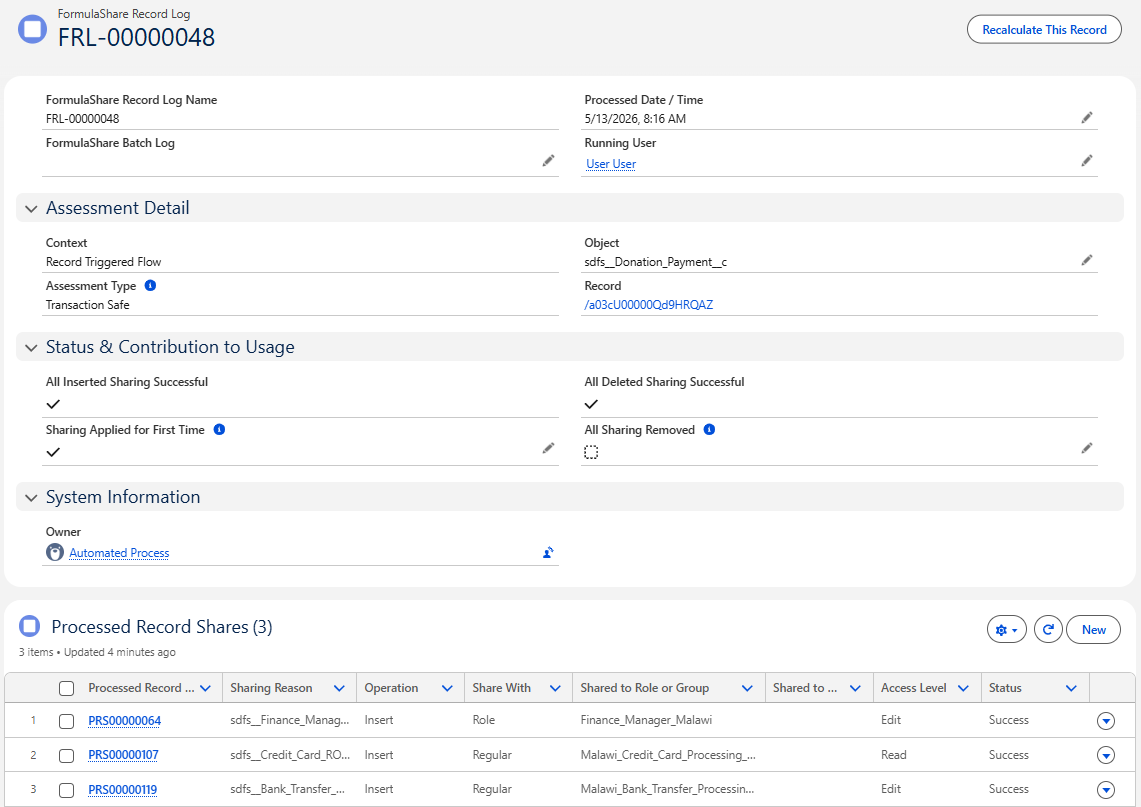 Record page for record log