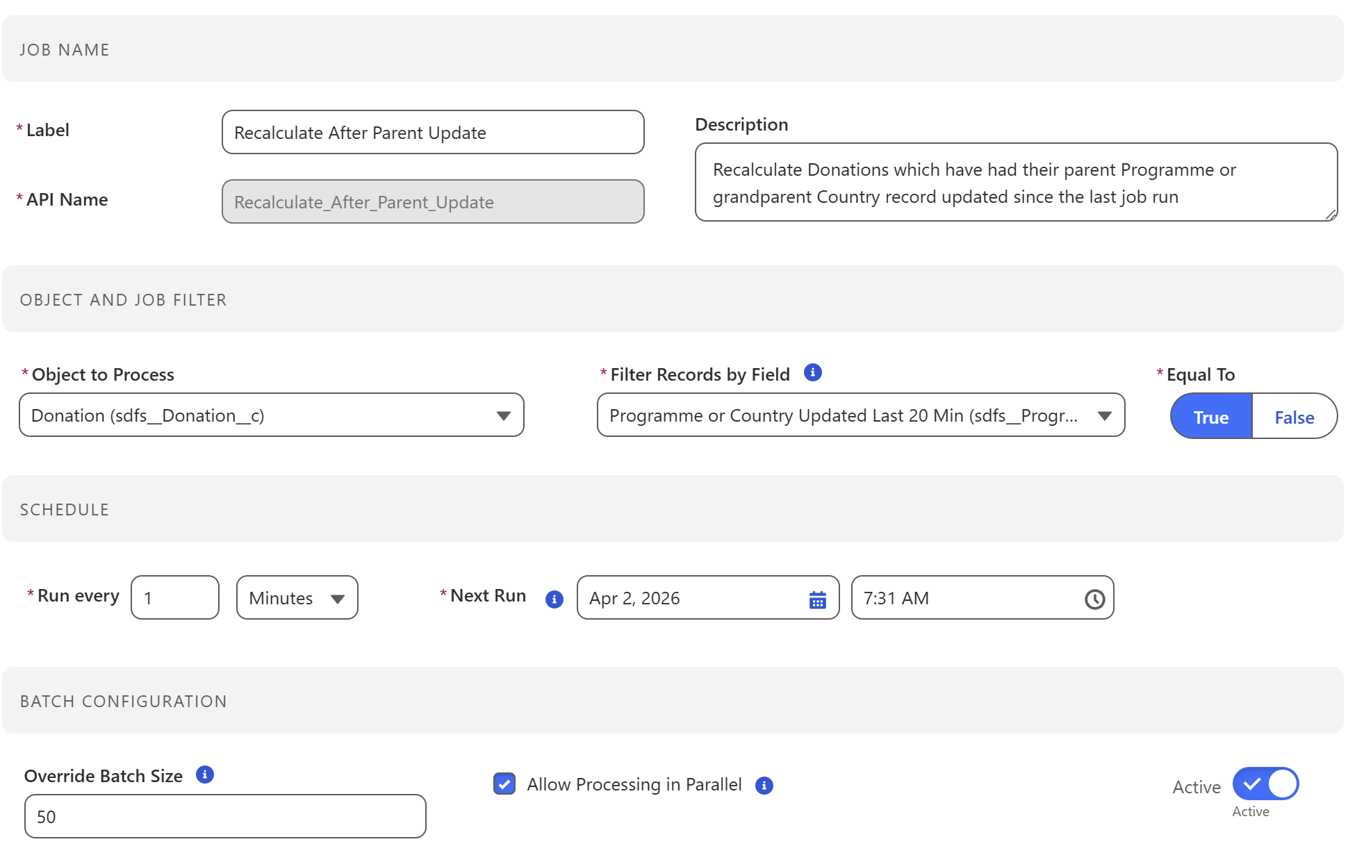 Screenshot of targeted calculation batch detail