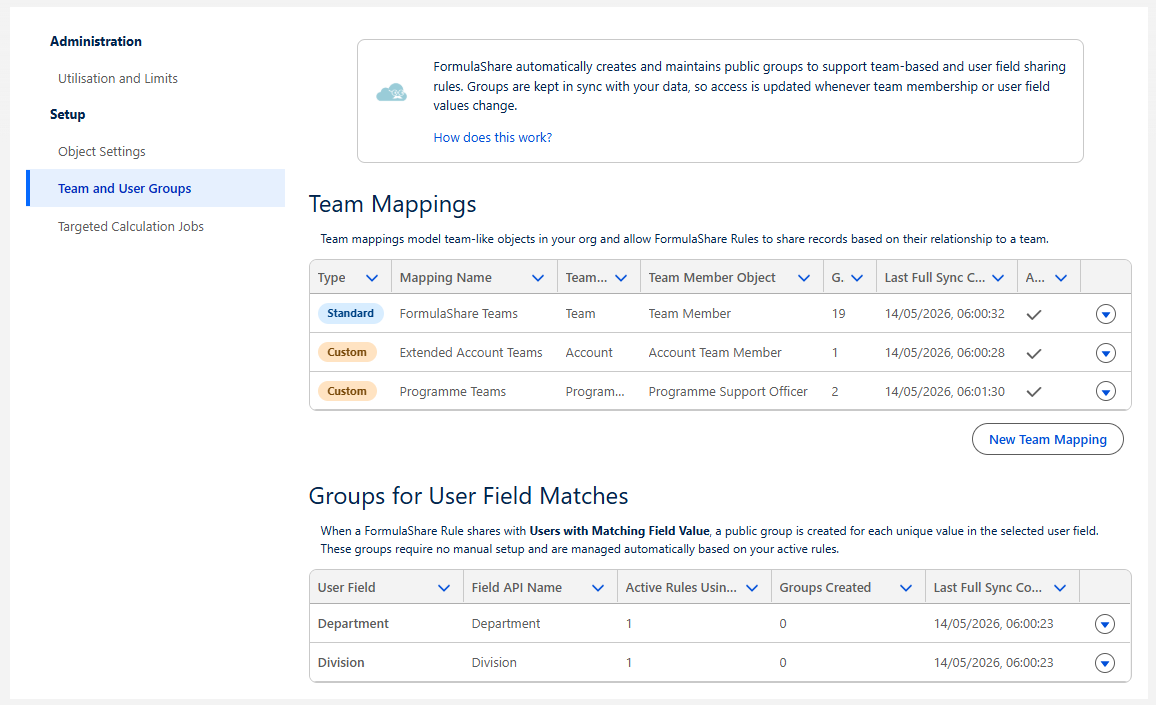 FormulaShare Team and User Groups screenshot