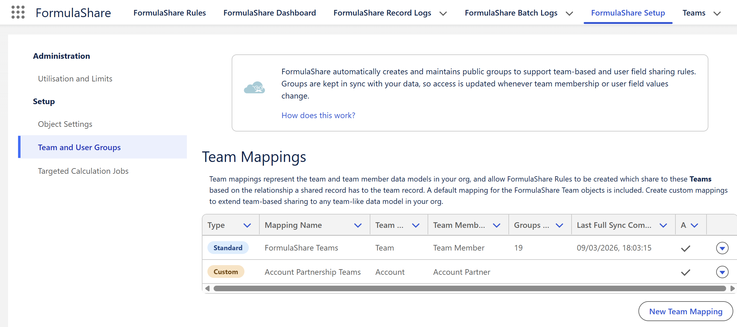 Team Mappings list