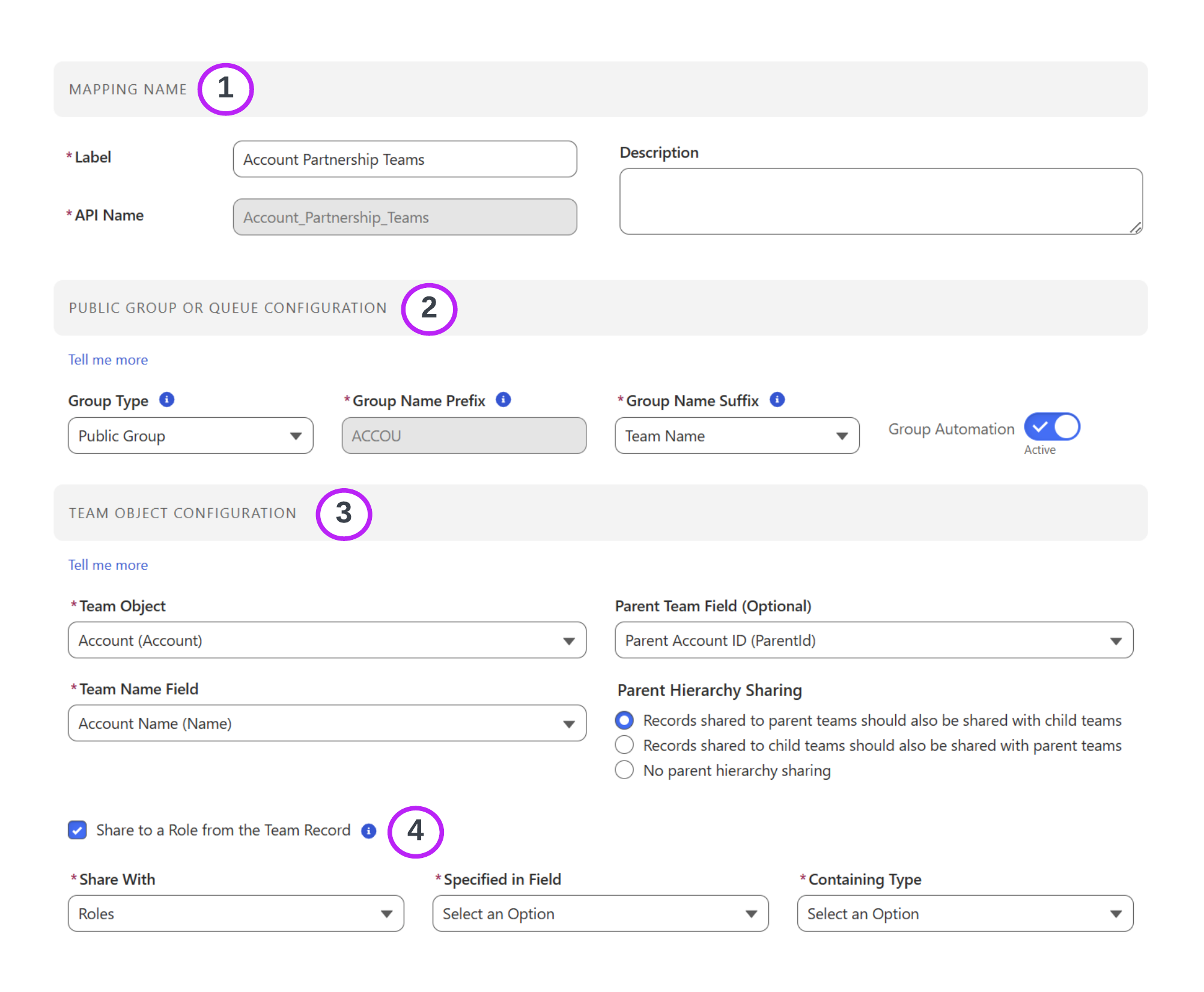 Team mapping configuration - top sections