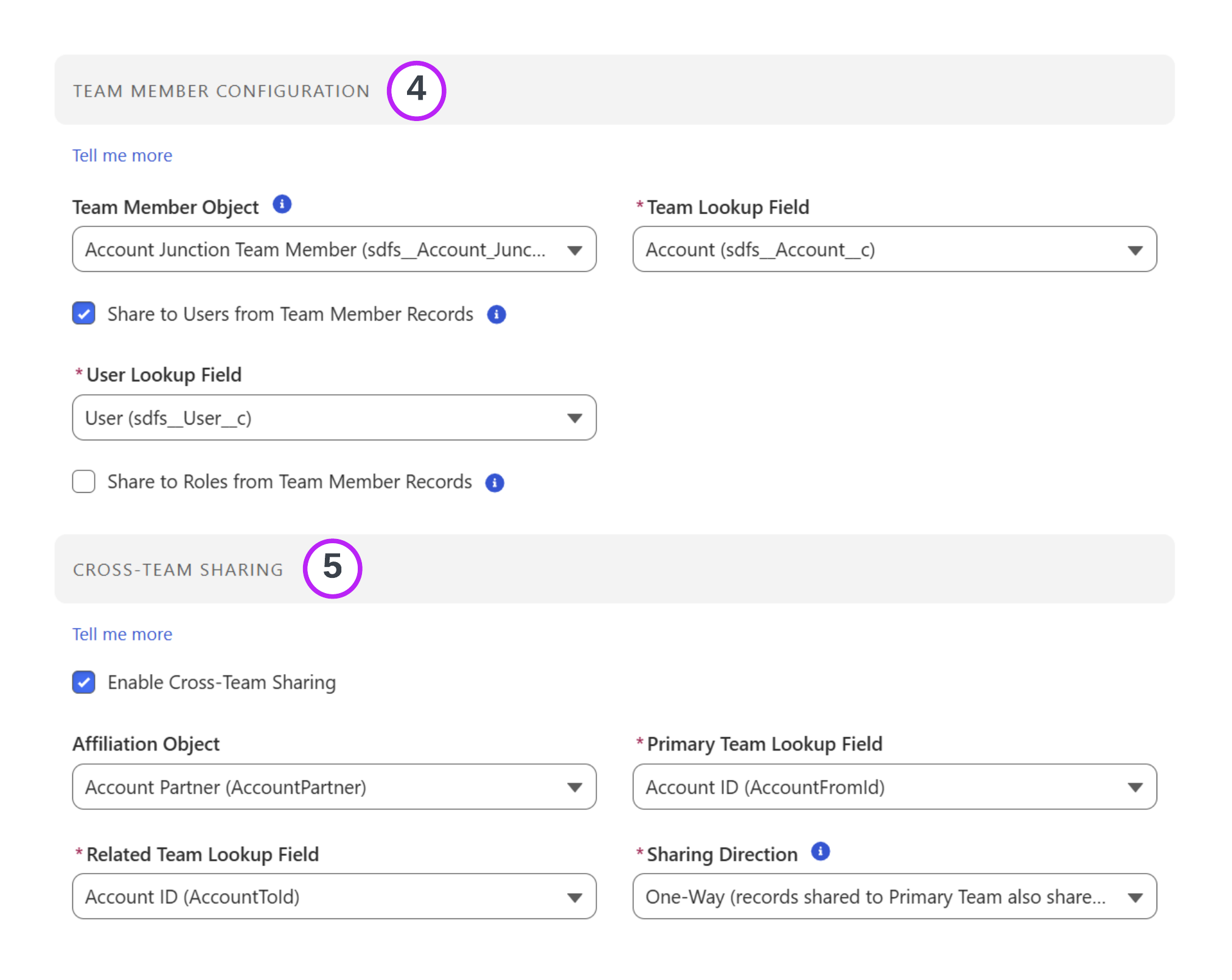 Team mapping configuration - bottom sections