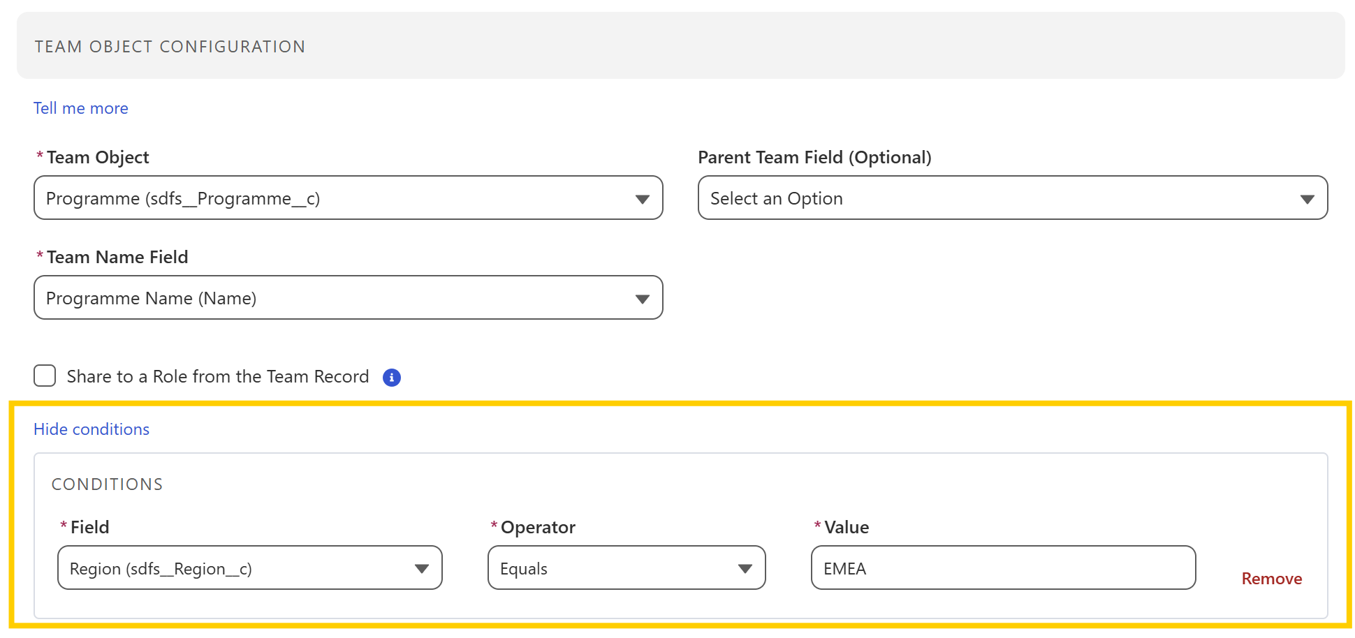 Team mapping filter panel showing field, operator, and value inputs