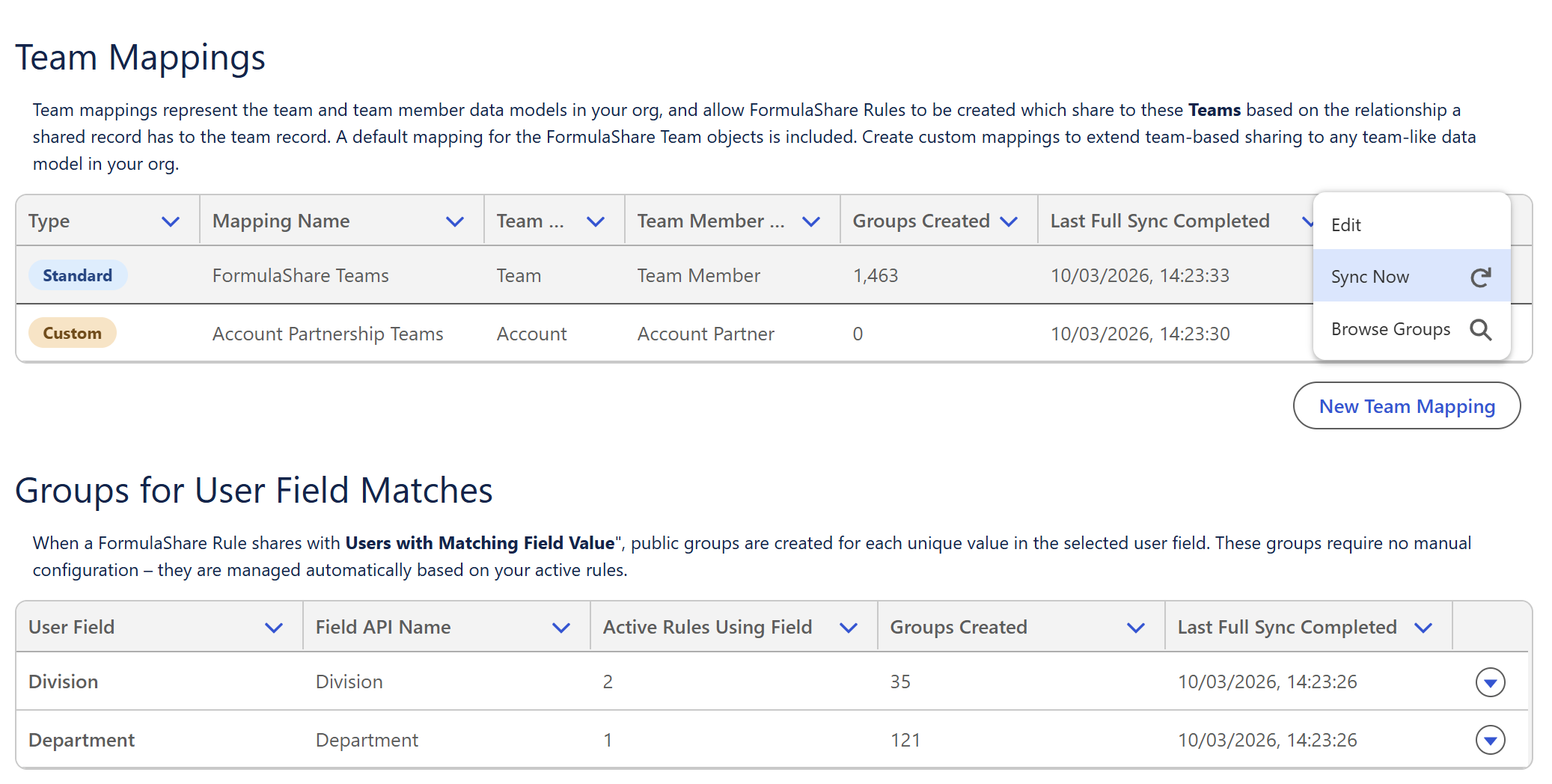 Team and User Groups page with Sync Now option