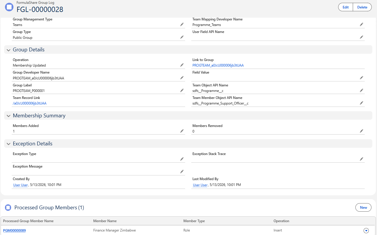 Screenshot of Group Log detail with Processed Group Member related list
