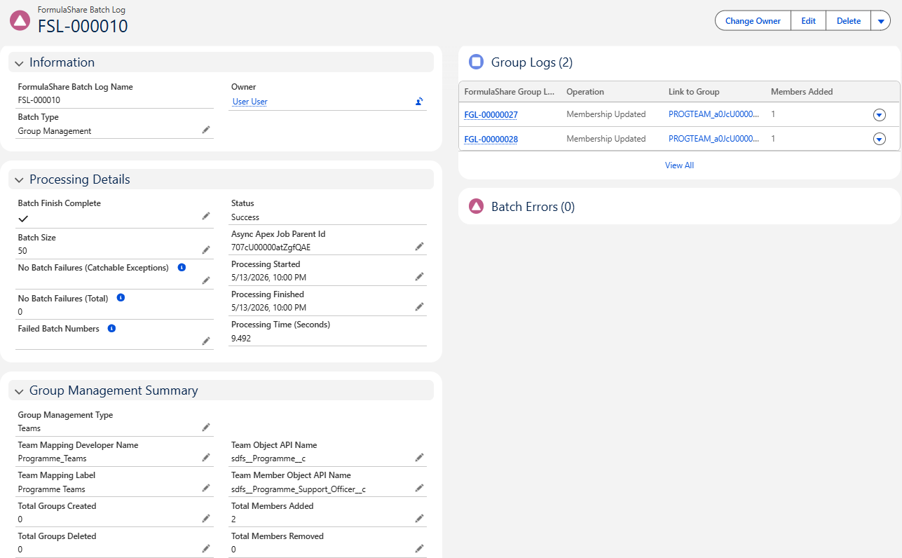 Screenshot of Batch Log record showing Group Logs related list